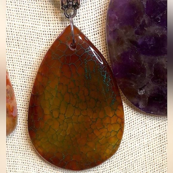 Gemstone & Fossil Pendant on Waxed Necklace w/Ornate Bail Lobster Claw Clasp - Picture 16 of 16